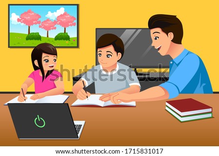 A vector illustration of Parents Teaching Kids Studying at Home 