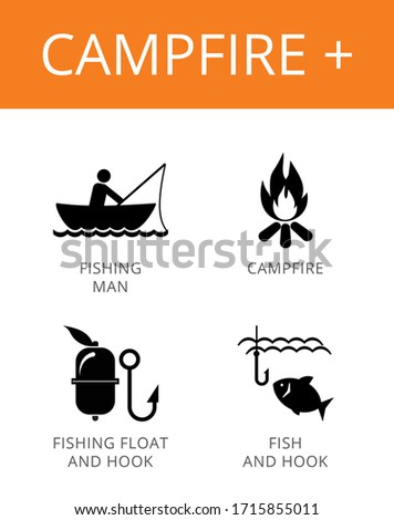 Campfire plus icons set. Simple illustrations of campfire, fisherman, fishing float and hook