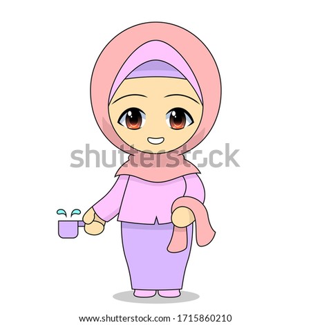 Muslim girl cartoon bathing. Daily fun activities. Funny character vector illustration for kids