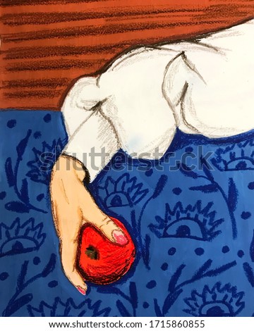female hand with a red juicy apple. illustration. white sketch blouse. fashion art. gouache and oil pastel texture