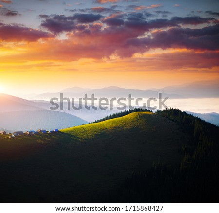 Spectacular sunrise in morning mountain landscape. Location place of Carpathian mountains, Ukraine, Europe. Photo of nature concept. Perfect summertime wallpaper. Discover the beauty of earth.