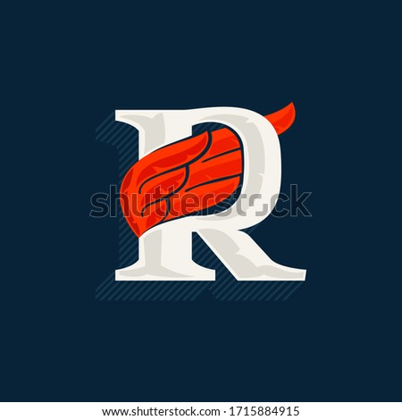 Letter R logo with red wing. Classic serif font with shadow made of lines. Vector icon perfect for sport labels, shipping posters, power identity, etc.