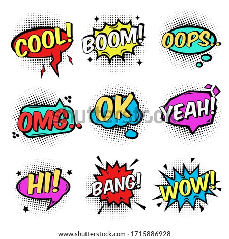 Comic text speech bubbles and bursts set. Cool, boom, ok, hi, wow, bang, omg surprising expressions stickers. Vector illustration for comic book design, art, communication concept