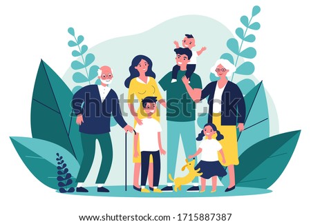 Happy big family standing together flat vector illustration. Grandma, grandpa, mom, dad, children, and pet. Smiling cartoon characters gathering in group. Royalty-Free Stock Photo #1715887387