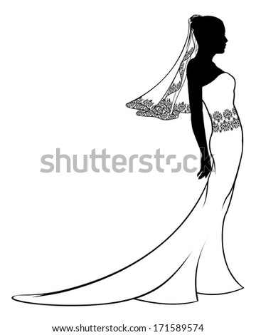 An illustration of a bride in her wedding dress in silhouette