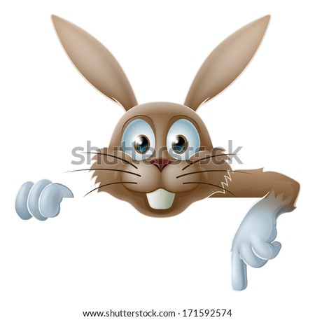 Illustration of a cartoon Easter bunny pointing at sign