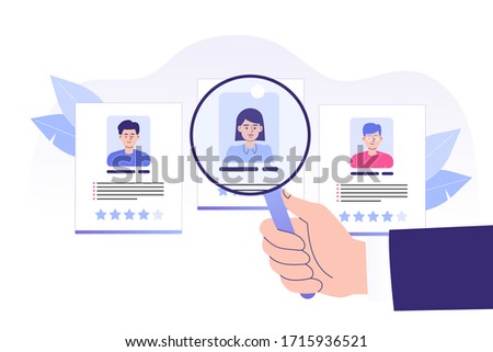 We are hiring concept. Hand pointing big magnifier to perfect candidate. Job hiring. Online recruitment and headhunting agency concept. Interview. Hiring employees. Web banner. Vector illustration  Royalty-Free Stock Photo #1715936521