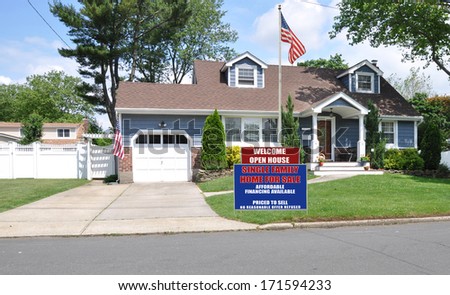 Welcome Open House For Sale Real Estate Sign Beautifully Landscaped Suburban Home Residential neighborhood USA blue sky clouds