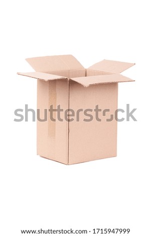 Tall open cardboard box isolated on white. concept of mail, delivery and sending parcels.