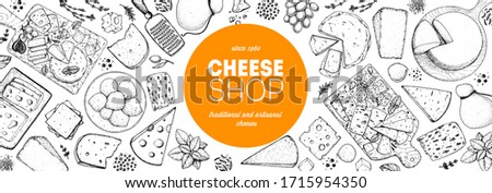 Cheese design template. Hand drawn sketch. Retro food background. Different cheese kinds banner. Dairy farm products cheese. Royalty-Free Stock Photo #1715954350