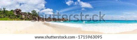 Seychelles Grand Anse beach La Digue island panoramic panorama view vacation holidays travel traveling waves
