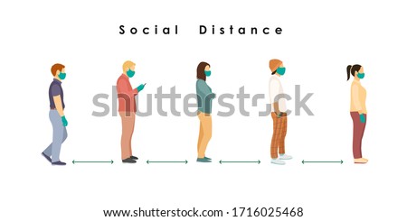 social distance. Full length of cartoon sick people in medical masks and gloves standing in line against at a safe distance of 2 meters or 6 feet. flat vector illustration Royalty-Free Stock Photo #1716025468