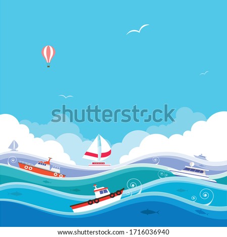 
Scenery of blue sky with ships on the sea, illustratin, vector, design, blue
