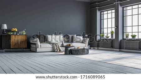 Modern interior design of a living room in an apartment, house, office, fresh flowers and bright modern interior details and sunbeams from a window against a background of dark walls. Royalty-Free Stock Photo #1716089065