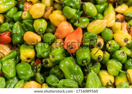 Texture of raw habanero peppers in the market