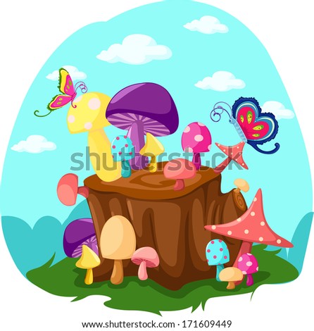 illustration of mushrooms and butterflies with tree stump 