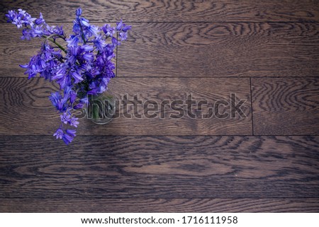 Spanish bluebells arranged in a bouquet with top down perspective; Wood hyacinth in a vase with room for text 