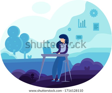 work from home woman blue color flat illustration stay safe from virus
