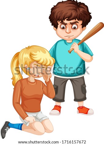 Crying girl and angry man with baseball bat illustration