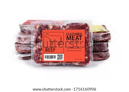 Cultured meat concept for artificial in lab grown vitro cell culture beef meat production with frozen packed raw meat with label on white background