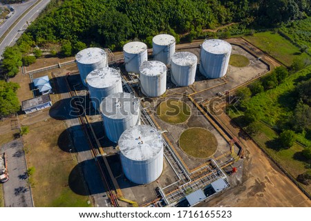 Aerial view tank farm terminal for storage crude oil and gas LPG, Business commercial industry power and energy fuel petrochemical import export logistic tanker