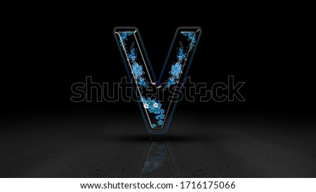 Beautiful Letter V made of glass and flower. 3D illustration, 3D rendering