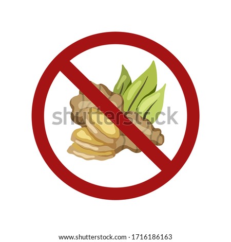 Flat image of ginger root with leaves in prohibition sign on a white background. Cartoon illustration. Ban on food. Vector forbidden object for menus, articles, recipes, labels and your design.