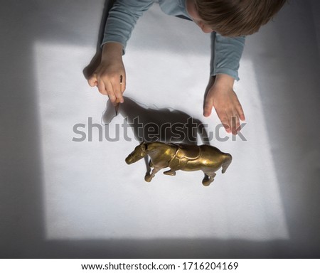 child draws contrasting shadow from  bronze horse with a pencil. drawing of preschooler, creative ideas for children's development. Interesting activities for children in period of self-isolation