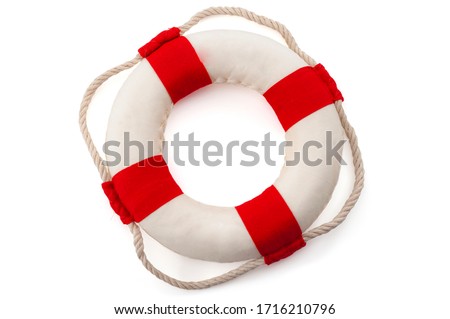 Assistance to survive, bailout, life rescue equipment and survival gear concept with lifebuoy isolated on white background with clipping path cutout Royalty-Free Stock Photo #1716210796