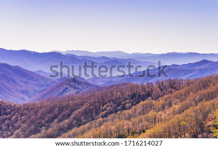 Colorful mountain layers with gradient of purple and yellow tones at Great smoky mountain national park in North Carolina USA. The photo is shoot in winter with good weather.