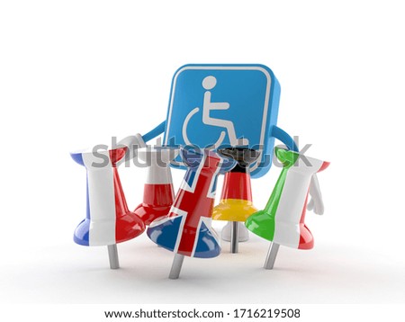 Handicapped character with thumbtacks in flags isolated on white background. 3d illustration