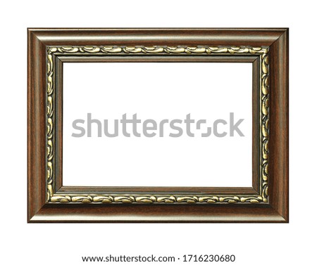 Rectangular empty wooden and gold gilded frame isolated on white background