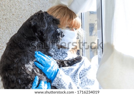 woman with mask and medical gloves holding her dog and looking out the window, in prevention of infections and viruses