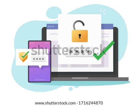 2fa authentication password secure notice login verification or sms with push code message shield icon in smartphone phone and laptop computer pc vector flat colorful, two factor or multi factor icon Royalty-Free Stock Photo #1716244870