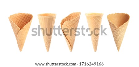 Set of empty wafer ice cream cones on white background. Banner design