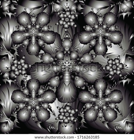 Traditional orient ornament on a black, gray and white background. Seamless classic vector silver pattern.