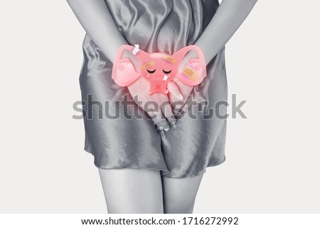 Cartoon illustration of bad uterus is on the woman's body, Stomach Ache, isolated on white background, Female anatomy concept