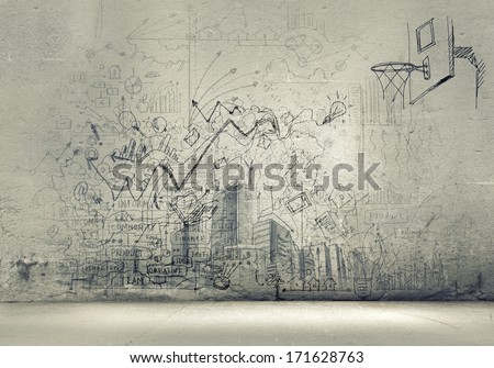 Background image with sketches and drawings on grey wall