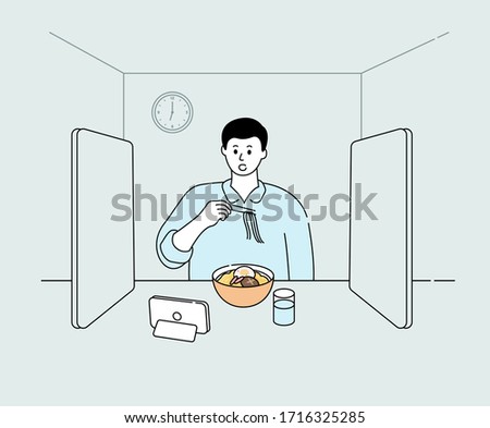 business man eating alone illustration set. partition, noodle, single, private. Vector drawing. Hand drawn style.