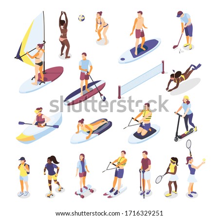 Summer sports and outdoor activities isometric icons set of people riding on surfboard  sup board kayak scooter rollers isolated vector illustration