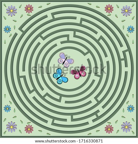 Maze puzzle on the theme of nature, where butterflies must find their way to flowers, the shape of the maze is round, color vector illustration, education and entertainment, design of books and websit