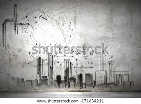 Background image with sketches and drawings on grey wall