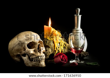 Still life with human skull with red rose in the mouth place beside of yellow candle on the log
