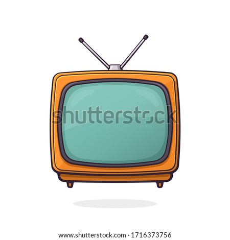 Vector illustration. Analogue retro TV with antenna and orange plastic body. Television box for news and show translation. Clip art with contour for graphic design. Isolated on white background