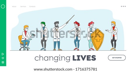Hospital Healthcare Staff Job Landing Page Template. Doctors in Medical Robe with Syringe. Characters Holding Huge Shield. Clinic, Medicine Profession, Occupation. Linear People Vector Illustration