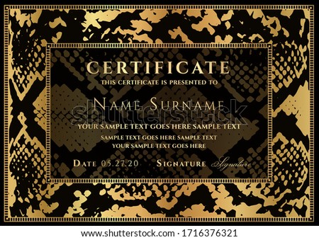 Certificate template with animal print (snake skin) border. Stylish frame pattern for creative modern people. Fashionable Premium vector design in black and gold color