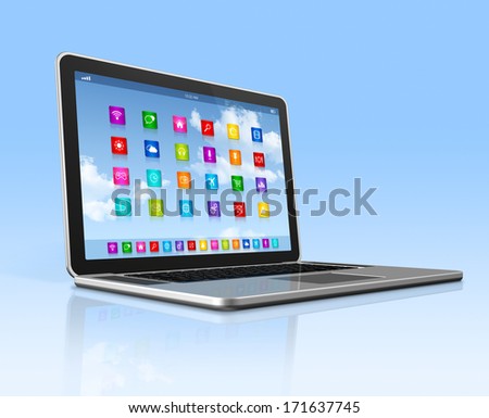 3D Laptop Computer - apps icons interface - isolated with clipping path