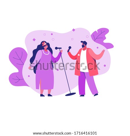 Singers man and woman with a microphone made in cartoon style. Popular pop art design, concert, club singing, performance, show, party .Vector graphic on an isolated white background