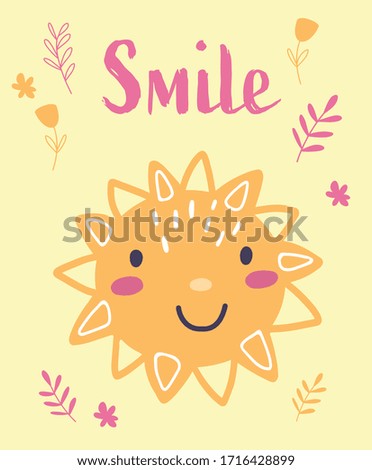Illustration with cartoon sun  and lettering for print, postcard, postcard.