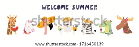 Hand drawn card, banner with cute animals, text Welcome Summer. Vector illustration. Isolated on white background. Scandinavian style flat design. Concept for children holidays print, invite, poster.